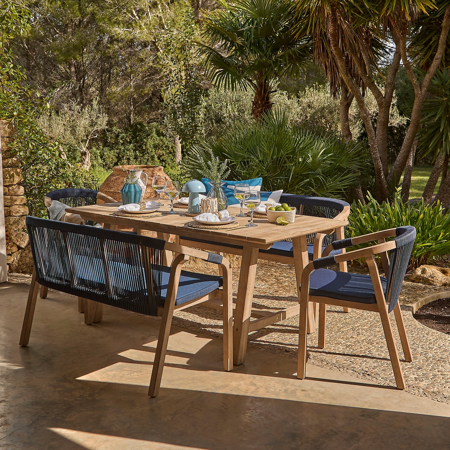 Shiro 6 Seater Wooden Garden Dining Set with 2 Shiro Benches & 2 Shiro Chairs - Navy Rope - Laura James
