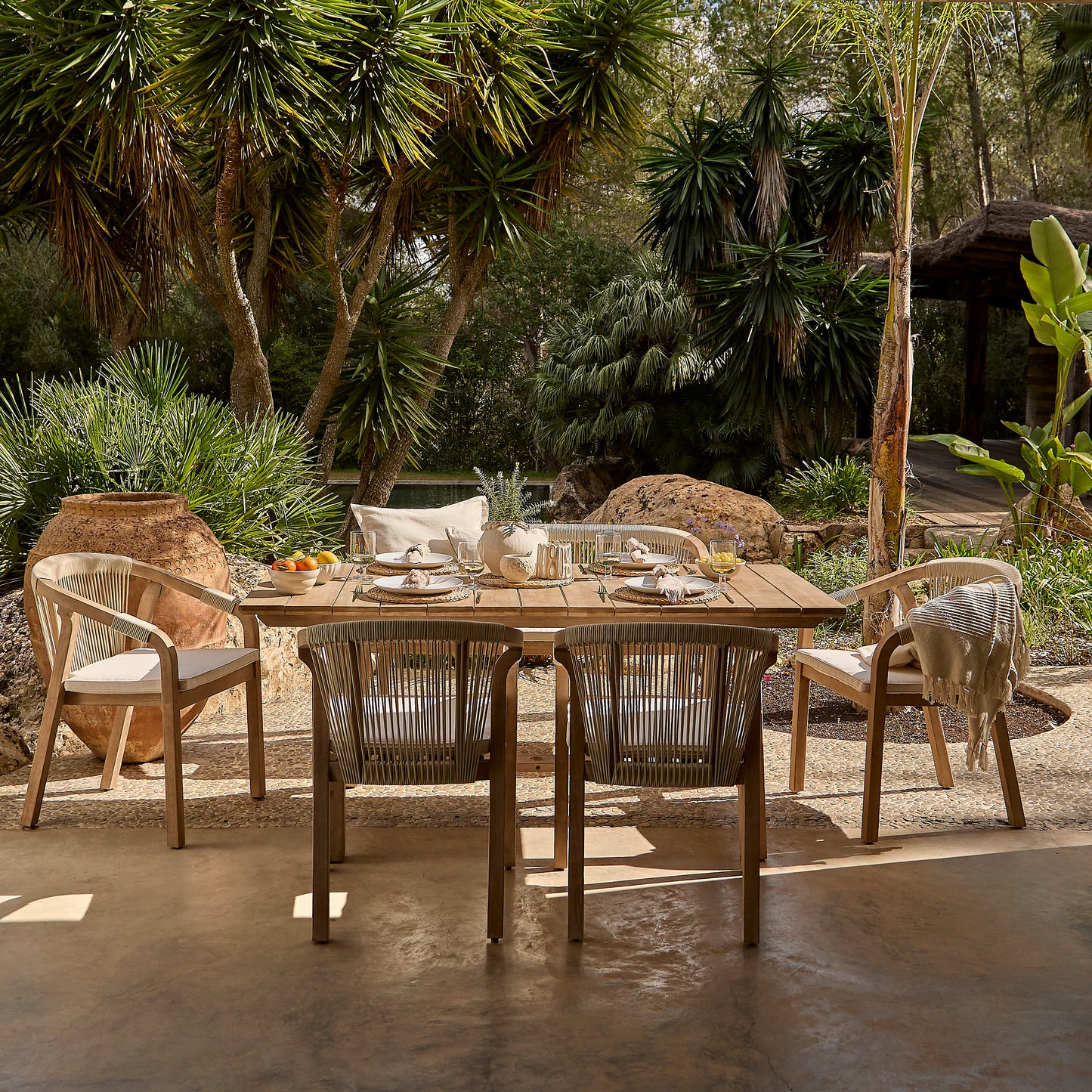 Shiro 6 Seater Wooden Garden Dining Set with Shiro Beige Rope Chairs & Bench - 180cm - Laura James