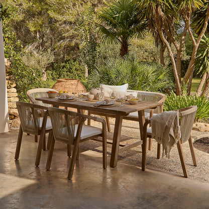 Shiro 6 Seater Wooden Garden Dining Set with Shiro Beige Rope Chairs & Bench - 180cm - Laura James