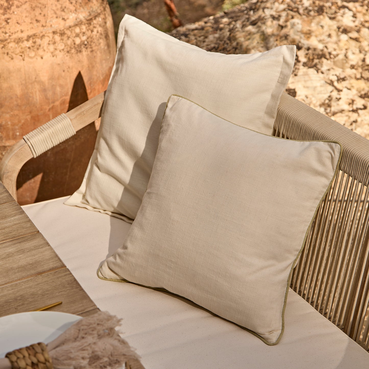 Shiro 6 Seater Wooden Garden Dining Set with Shiro Beige Rope Chairs & Bench - 180cm - Laura James