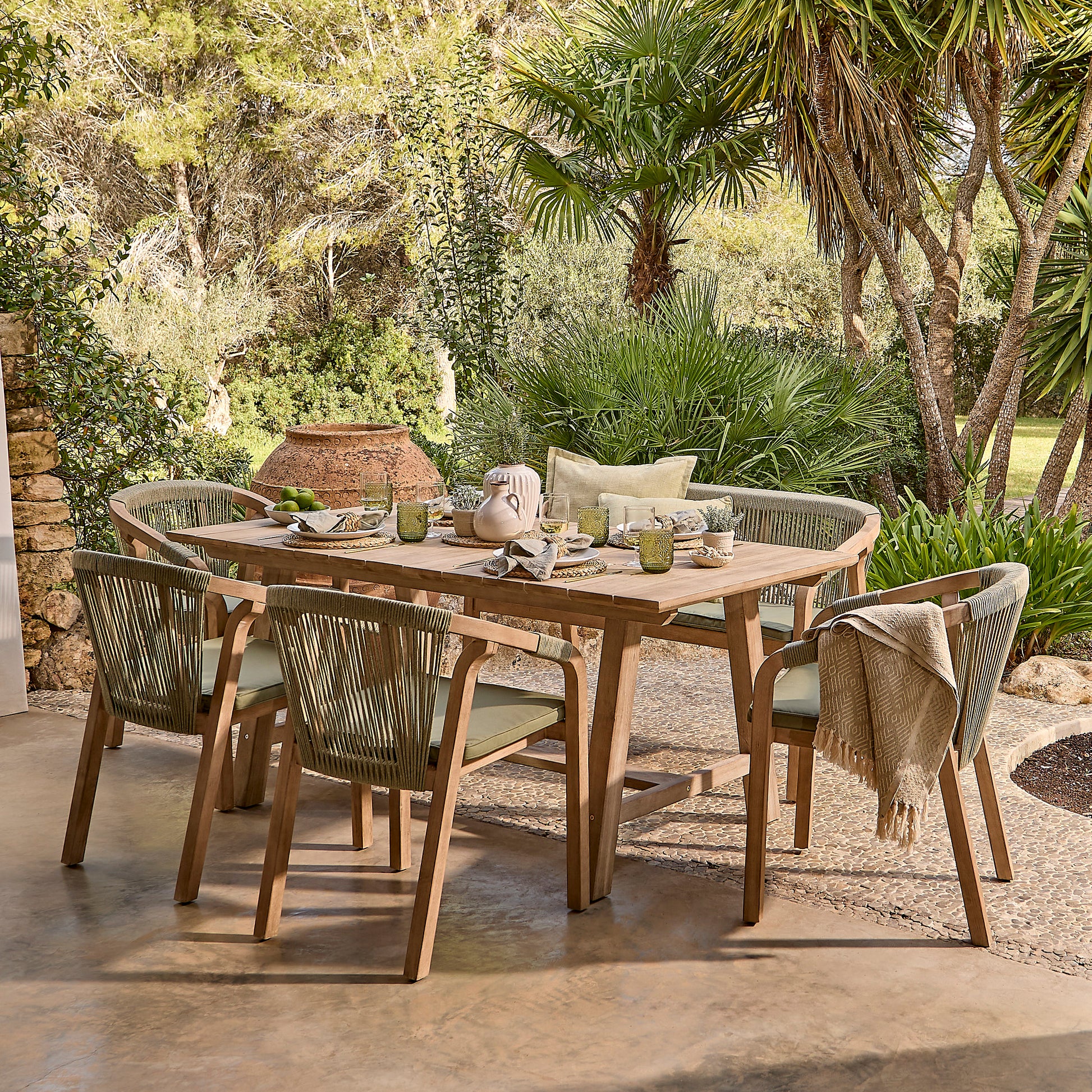 Shiro 6 Seater Wooden Garden Dining Set with Shiro Green Rope Chairs & Bench - 180cm - Laura James