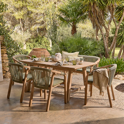 Shiro 6 Seater Wooden Garden Dining Set with Shiro Green Rope Chairs & Bench - 180cm - Laura James