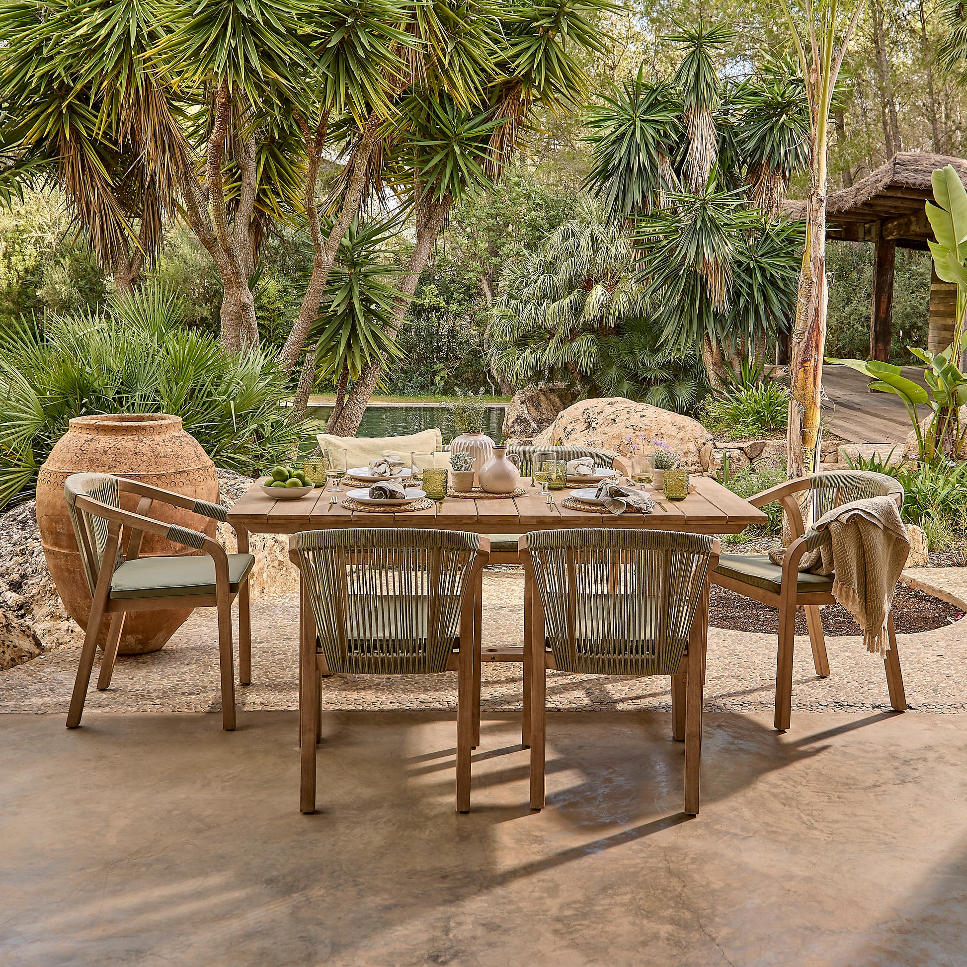 Shiro 6 Seater Wooden Garden Dining Set with Shiro Green Rope Chairs & Bench - 180cm - Laura James