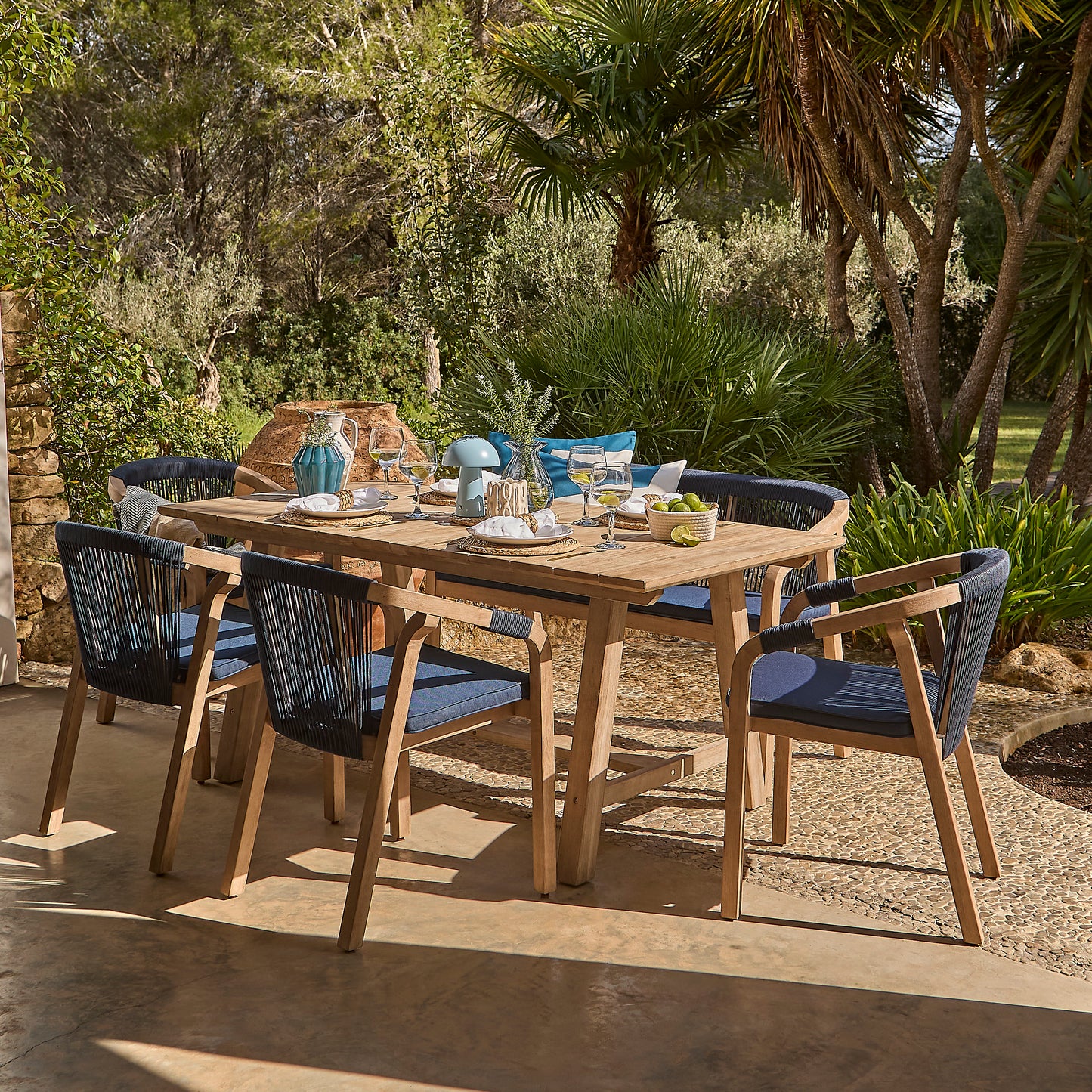 Shiro Navy Rope Wooden Garden Chairs - Set of 2 - Laura James