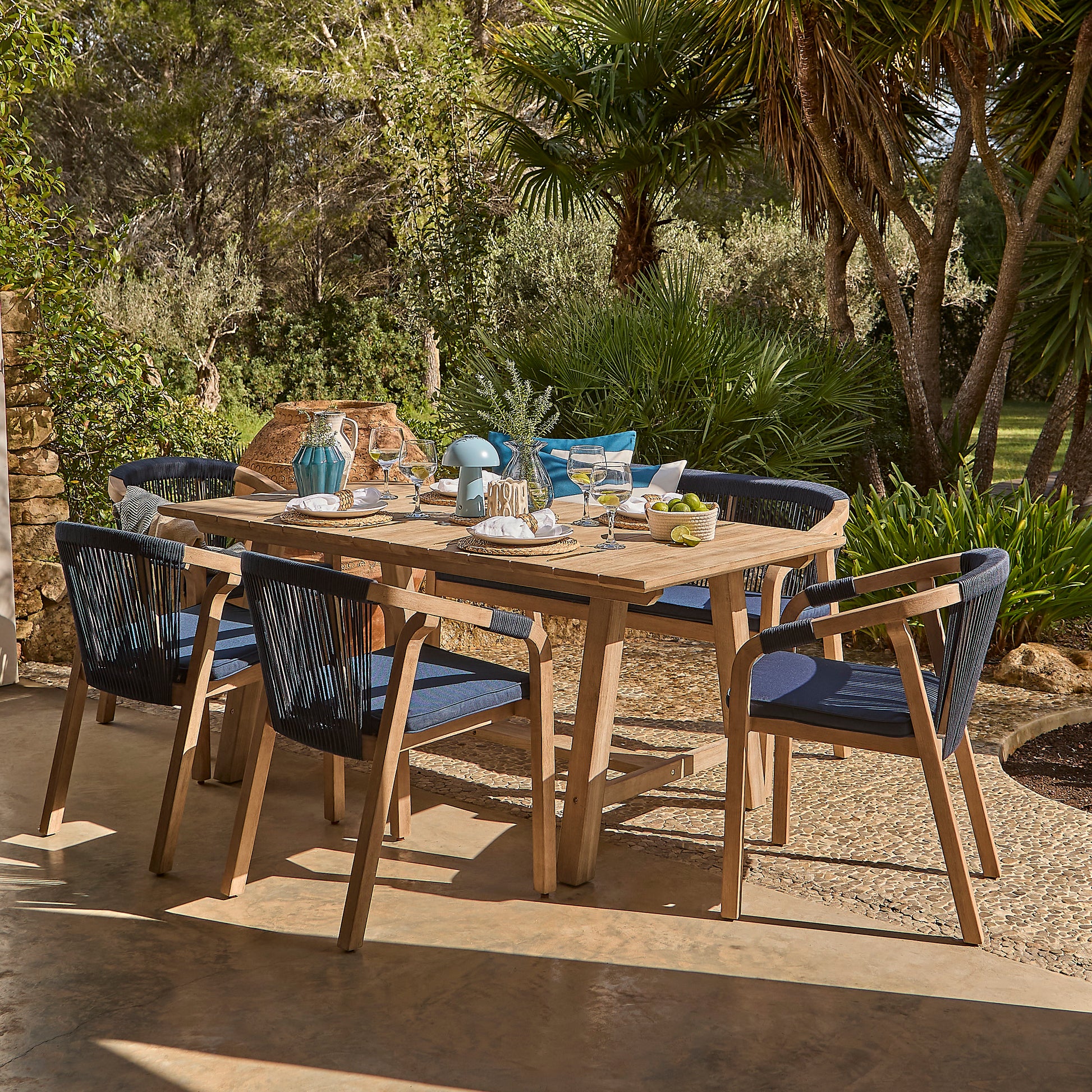 Shiro Navy Rope Wooden Garden Chairs - Set of 2 - Laura James