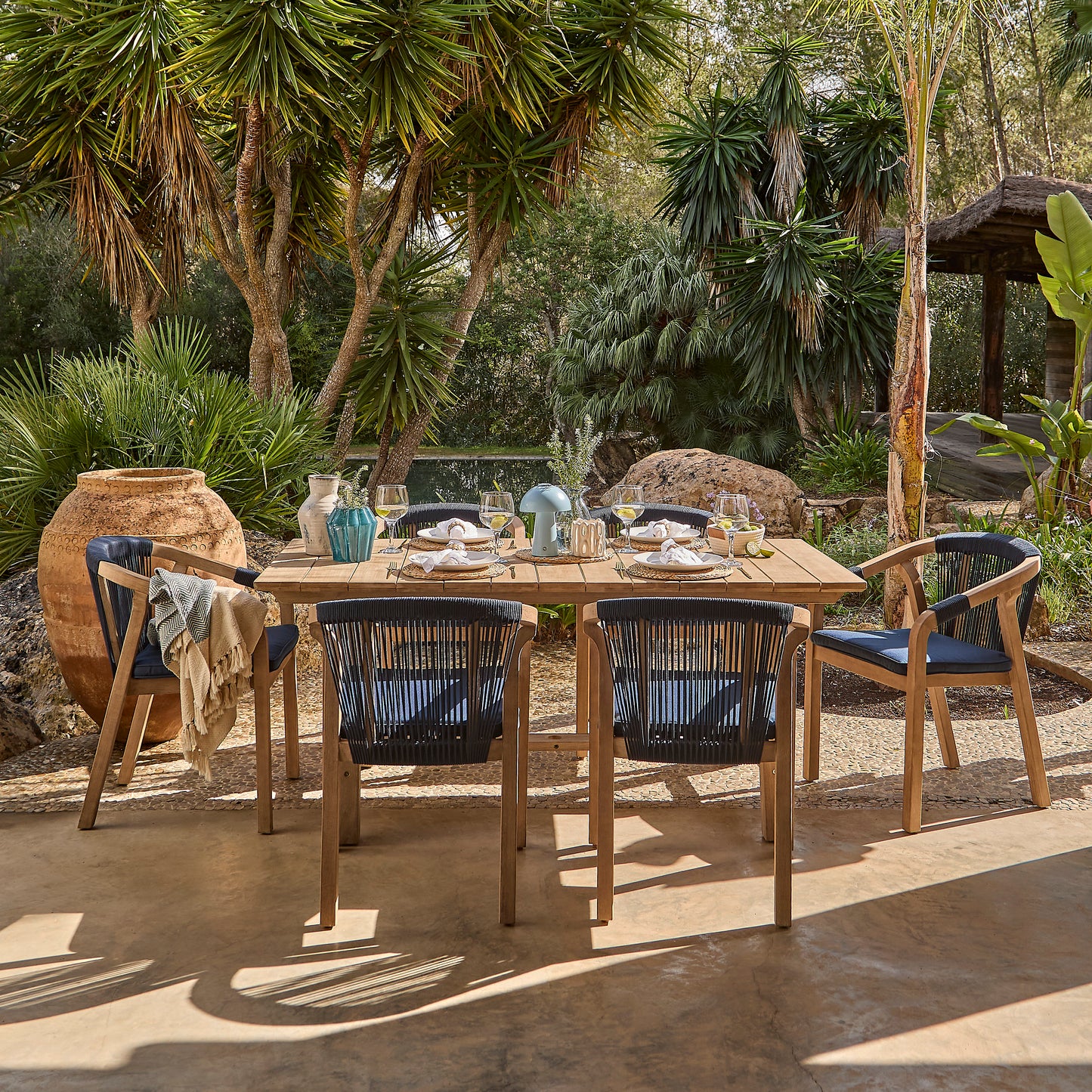 Shiro Navy Rope Wooden Garden Chairs - Set of 2 - Laura James
