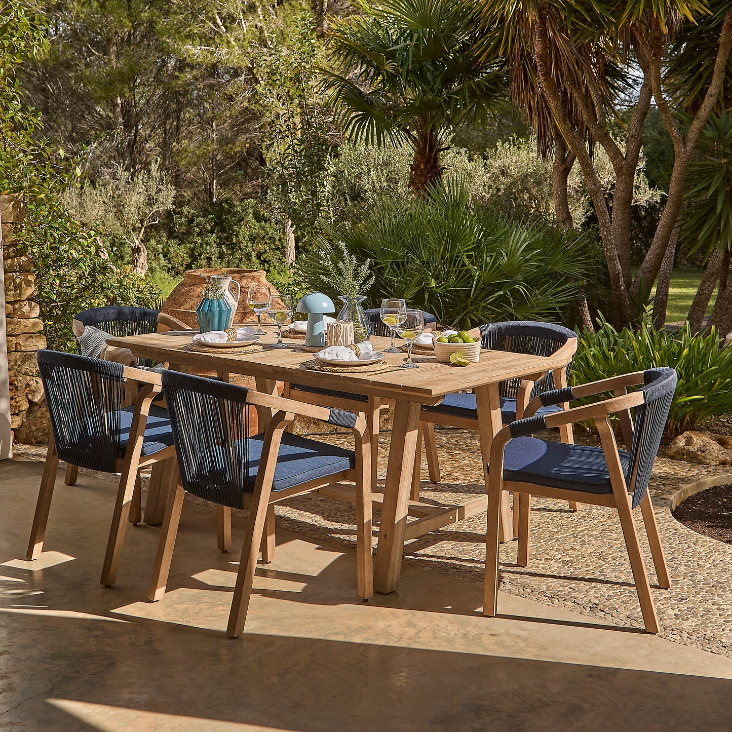 Shiro Navy Rope Wooden Garden Chairs - Set of 2 - Laura James