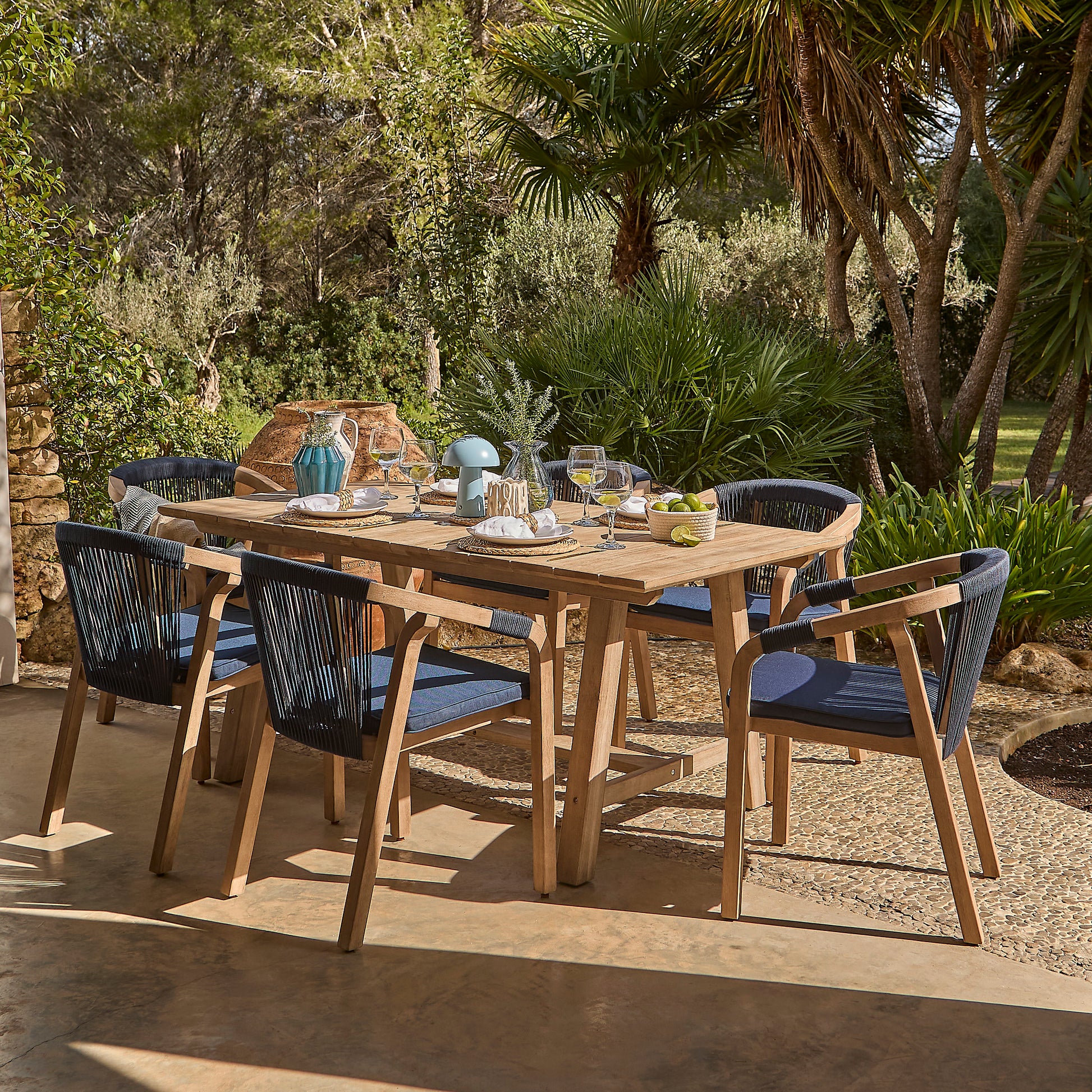 Shiro Navy Rope Wooden Garden Chairs - Set of 2 - Laura James