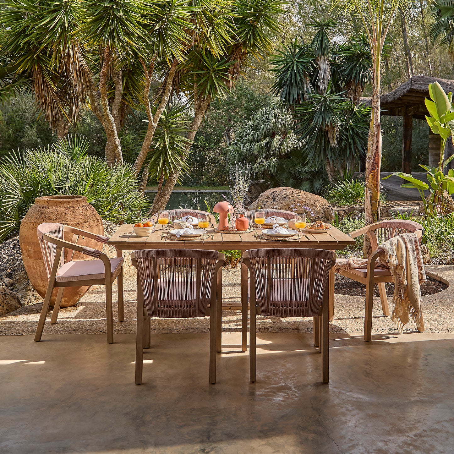 Shiro 6 Seater Wooden Garden Dining Set with Shiro Pink Rope Chairs & Bench - 180cm - Laura James