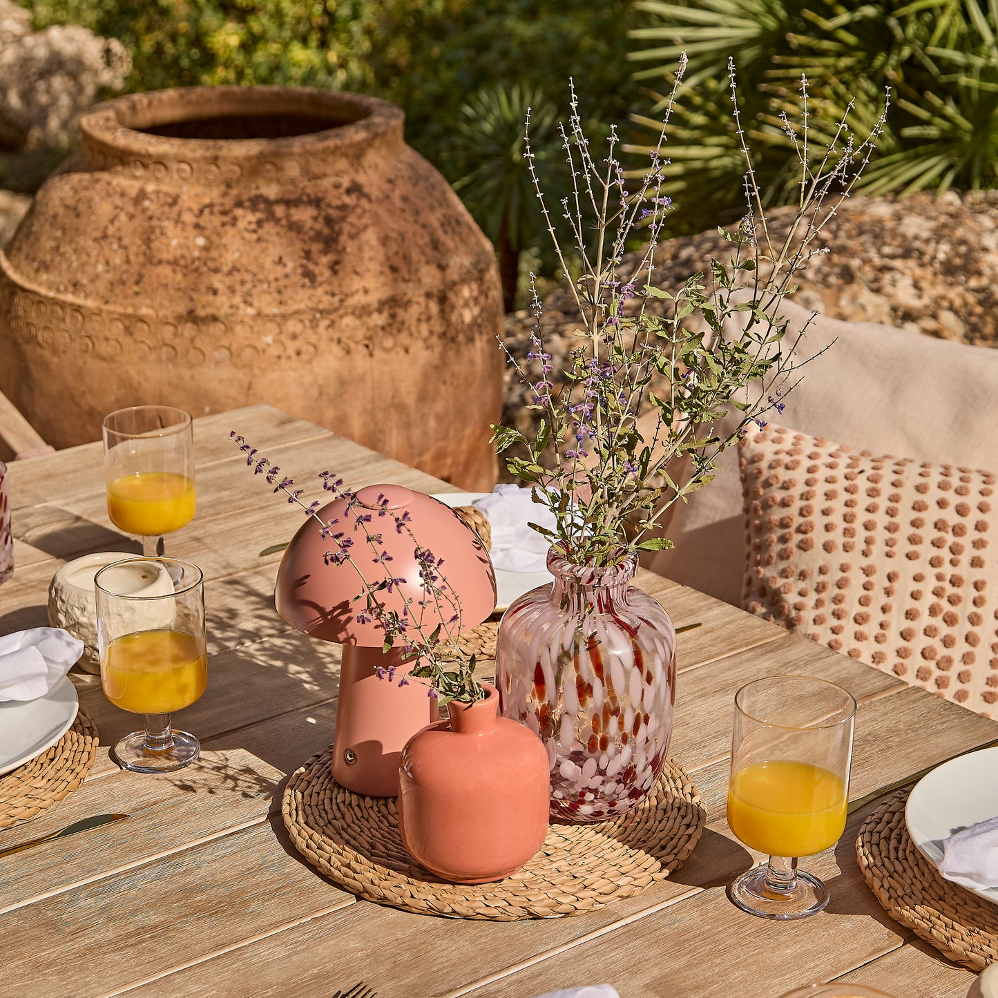 Shiro 6 Seater Wooden Garden Dining Set with Shiro Pink Rope Chairs & Bench - 180cm - Laura James