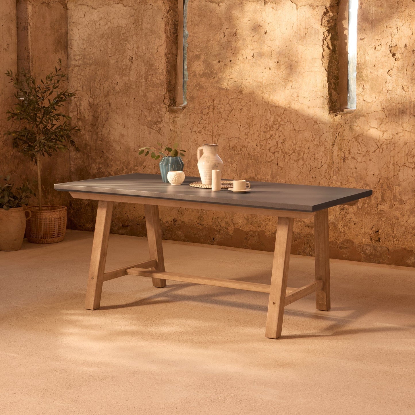 Shiro Brushed Light Acacia Garden Dining Table - Dove Grey Concrete - Laura James