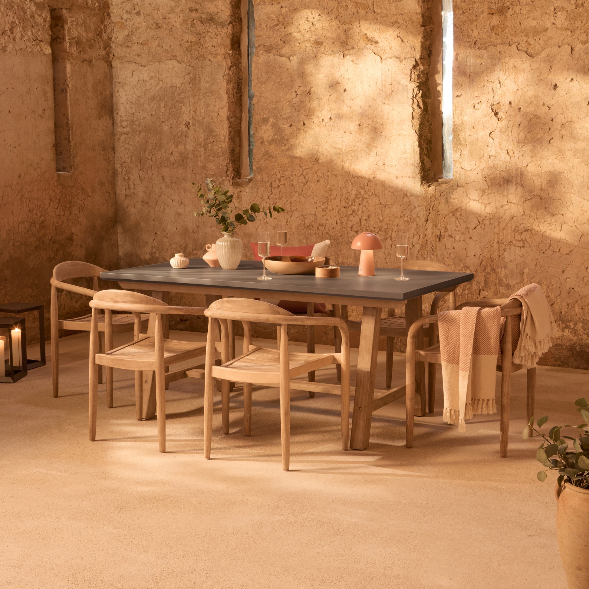 Shiro 180cm Dove Grey Concrete Dining Table Set - 6 Seater - Sasha Brushed Light Acacia Dining Chairs - Laura James