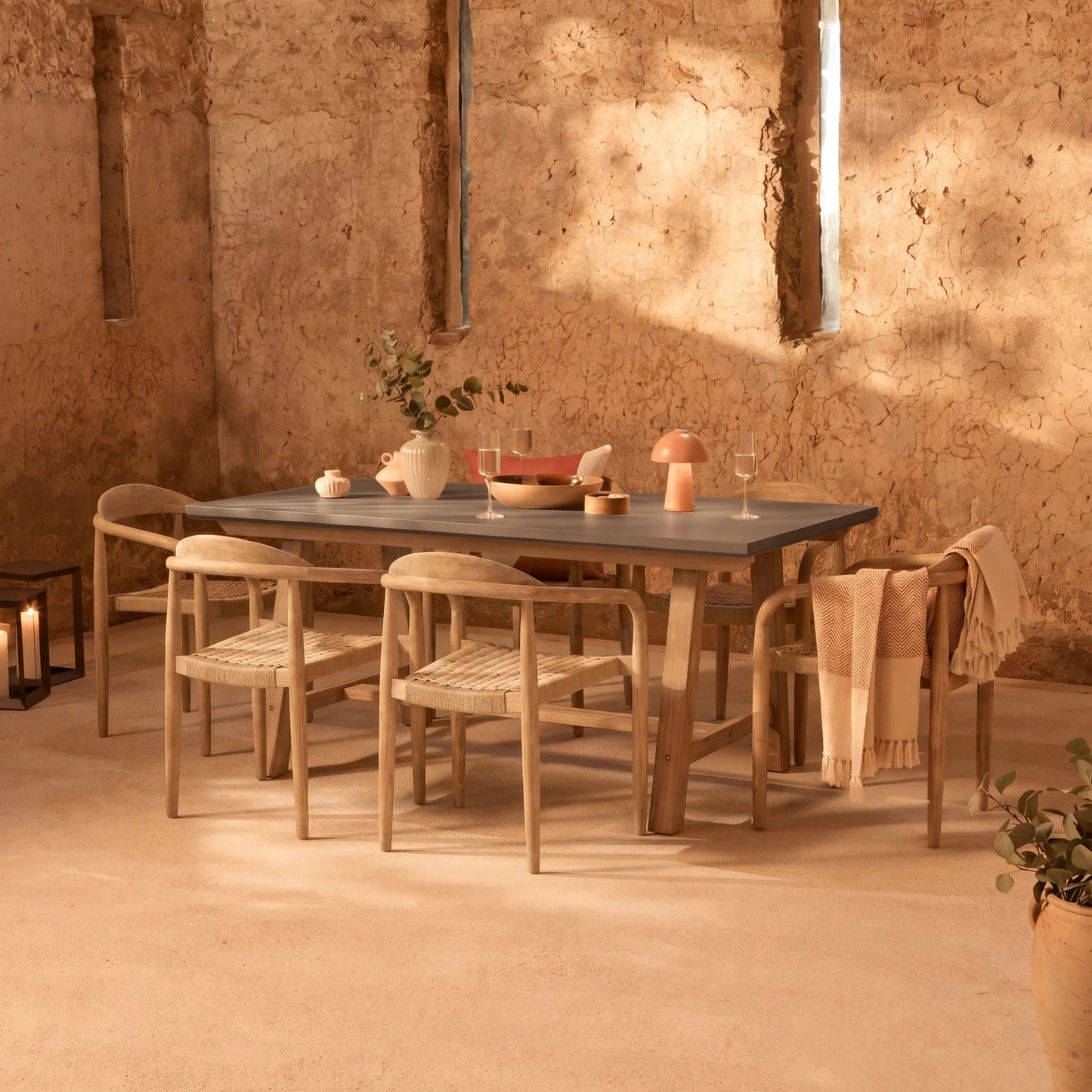Shiro 180cm Dove Grey Concrete Dining Table Set - 6 Seater - Sasha Rope Dining Chairs - Brushed Light Acacia