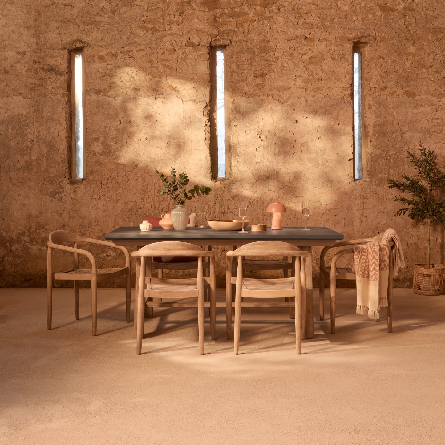 Shiro 180cm Dove Grey Concrete Dining Table Set - 6 Seater - Sasha Brushed Light Acacia Dining Chairs - Laura James