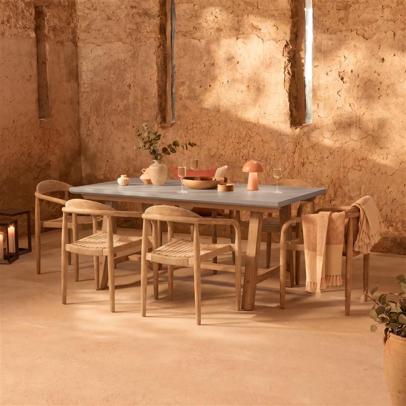 Shiro 180cm Pale Grey Concrete Dining Table Set - 6 Seater - Sasha Rope Dining Chairs - Brushed Light Acacia
