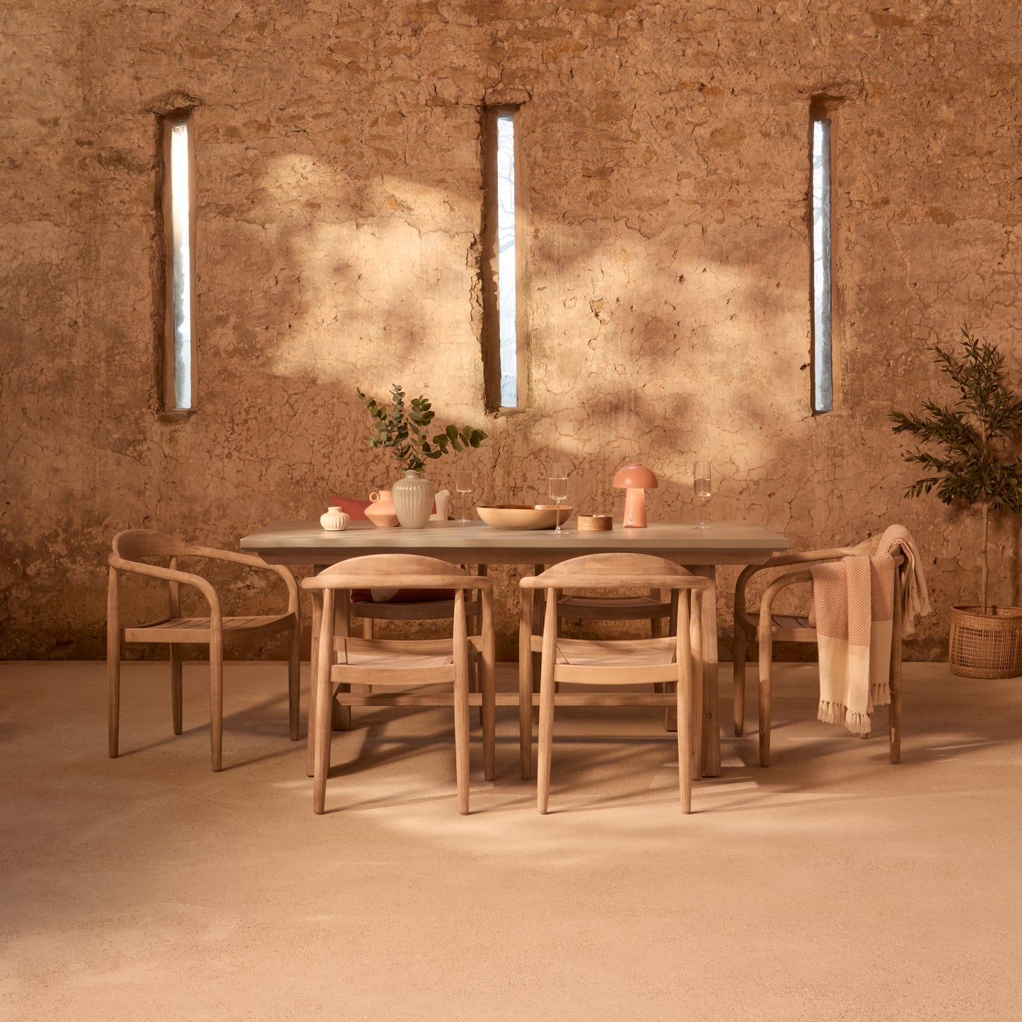 Shiro 180cm Pale Grey Concrete Dining Table Set - 6 Seater - Sasha Brushed Light Acacia Dining Chairs - Laura James