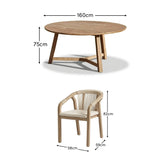 Shiro 6 Seater Round Wooden Garden Dining Set with Shiro Beige Rope Dining Chairs - 160cm - Laura James