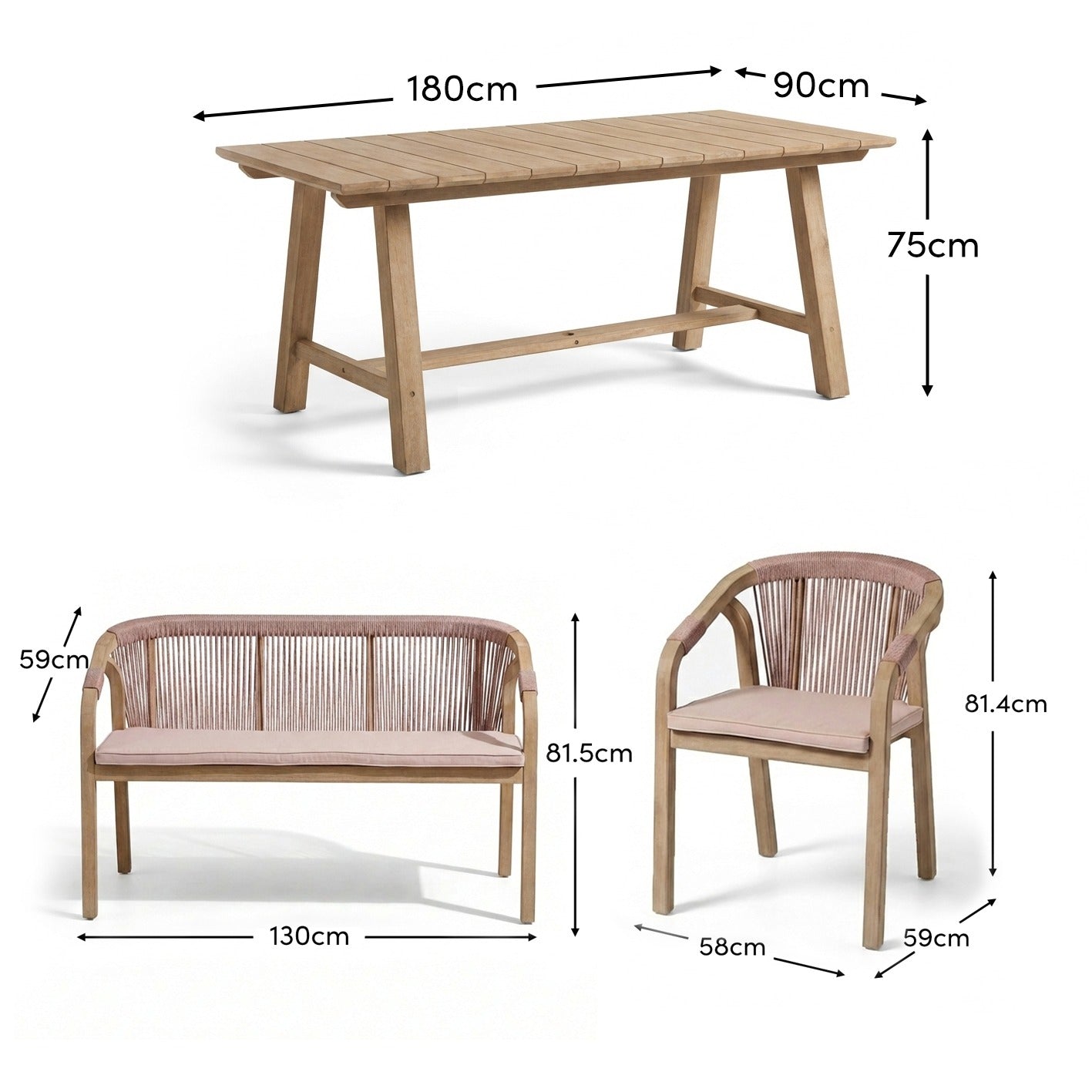 Shiro 6 Seater Wooden Garden Dining Set with 2 Shiro Benches & 2 Shiro Chairs - Pink Rope - Laura James