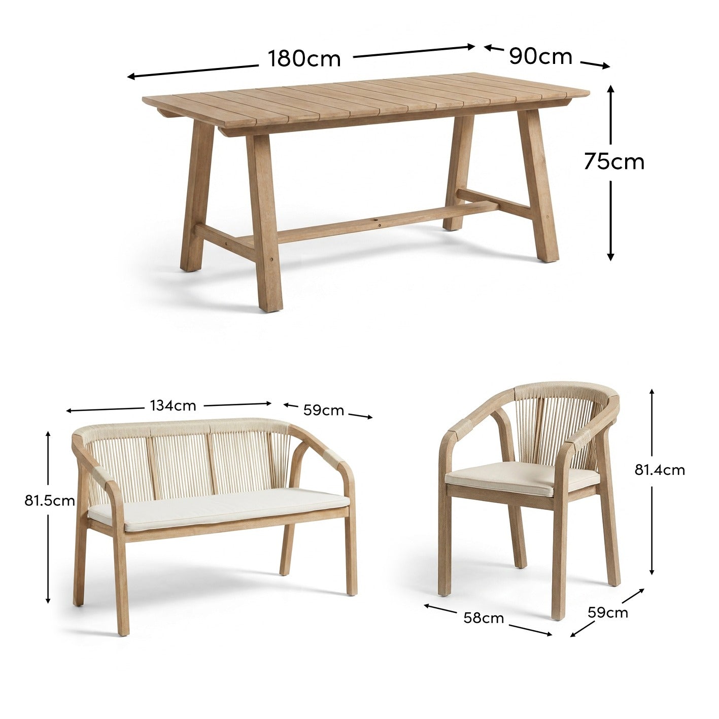 Shiro 6 Seater Wooden Garden Dining Set with 2 Shiro Benches & 2 Shiro Chairs - Beige Rope - Laura James