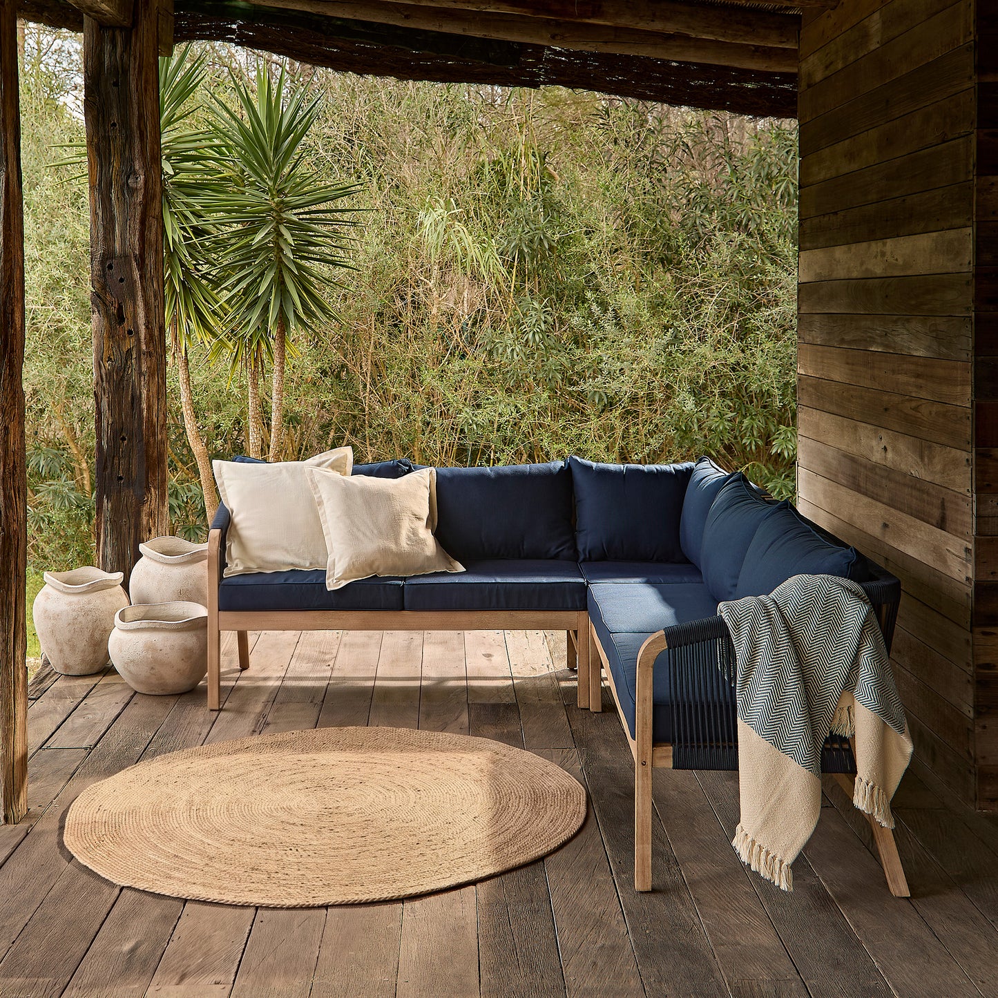 Shiro Brushed Light Acacia Garden Corner Sofa - Navy Rope - Laura James