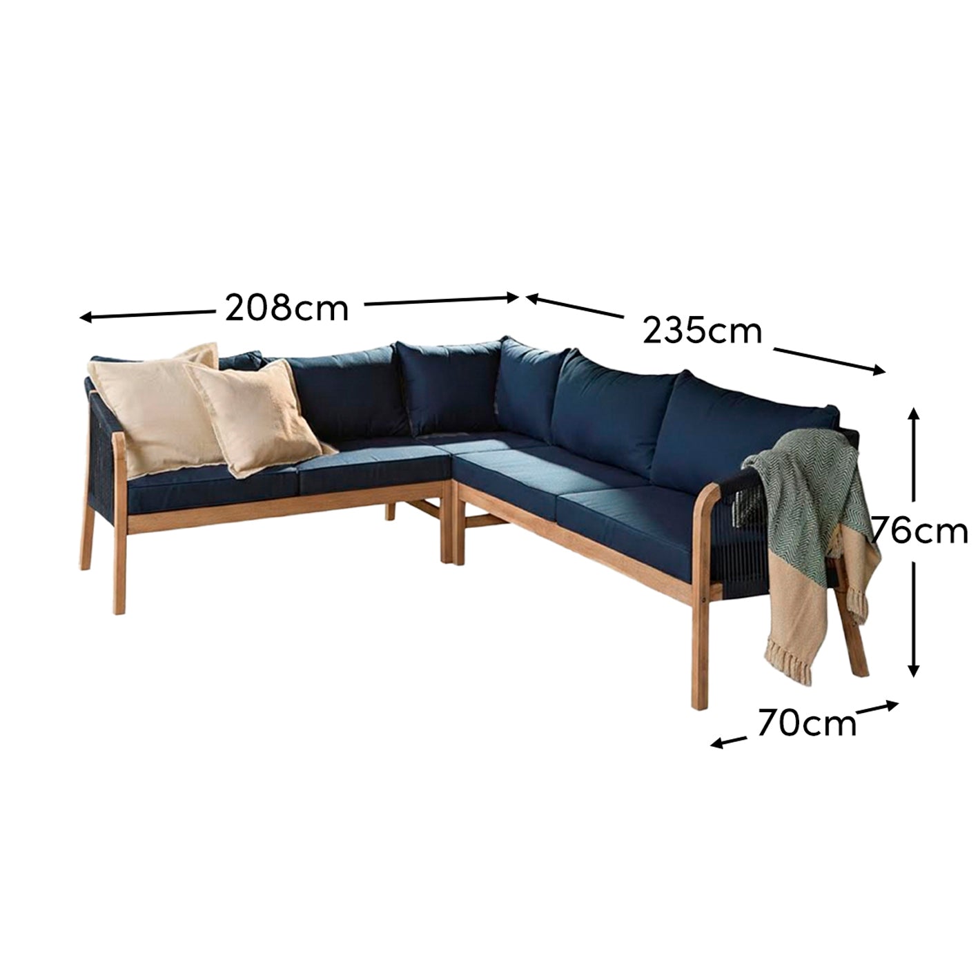 Shiro Brushed Light Acacia Garden Corner Sofa - Navy Rope