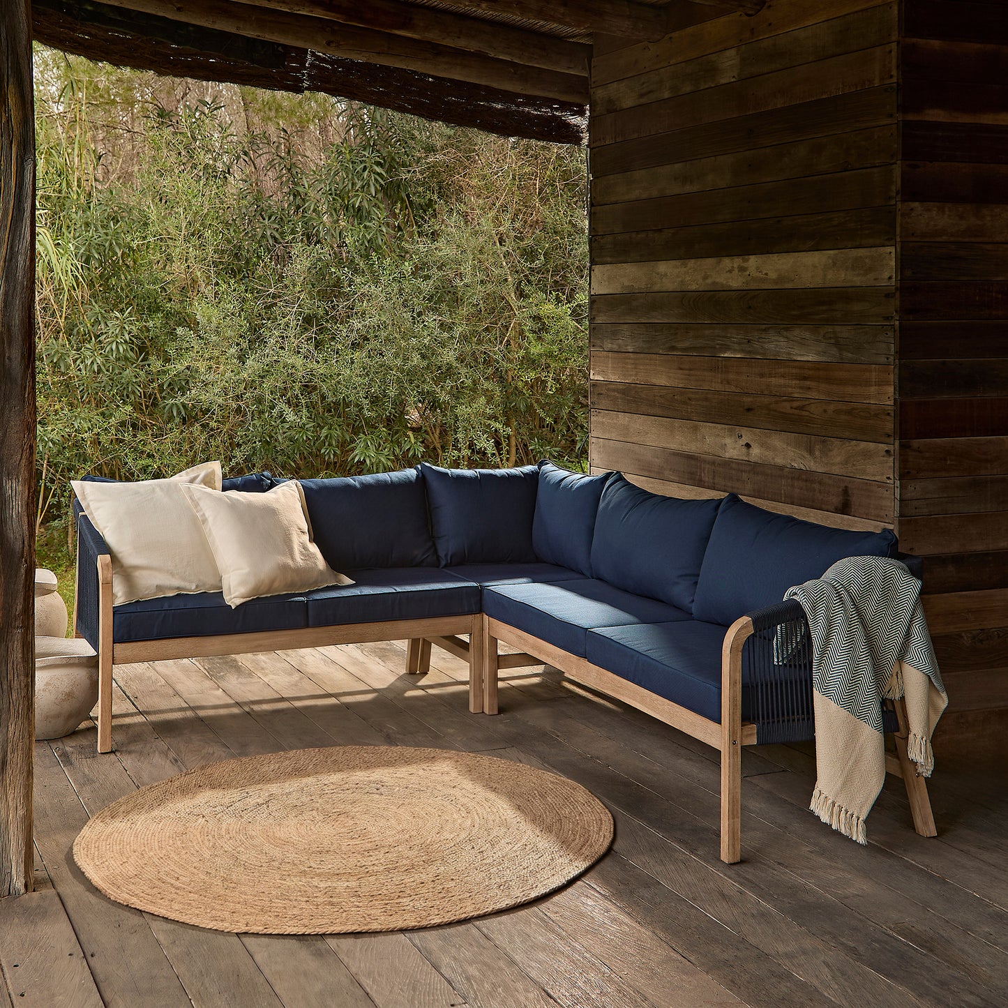 Shiro Brushed Light Acacia Garden Corner Sofa - Navy Rope - Laura James