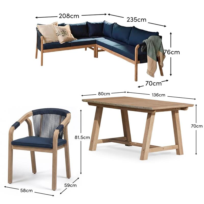Shiro Wooden Garden Corner Dining Sofa Set with 2 Shiro Chairs - Navy - Laura James
