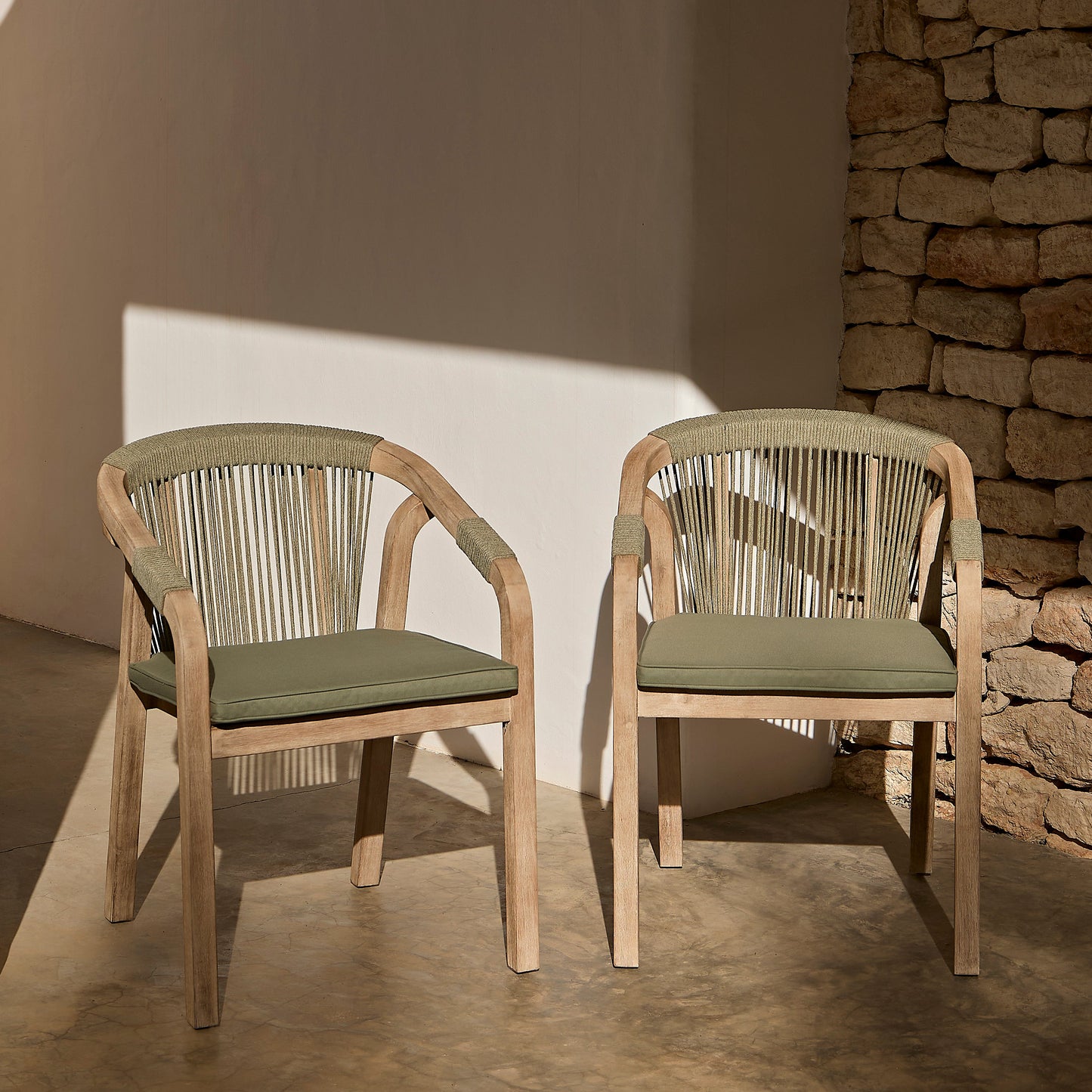 Shiro Brushed Light Acacia Garden Chairs - Set of 2 - Mottled Green Rope - Laura James 