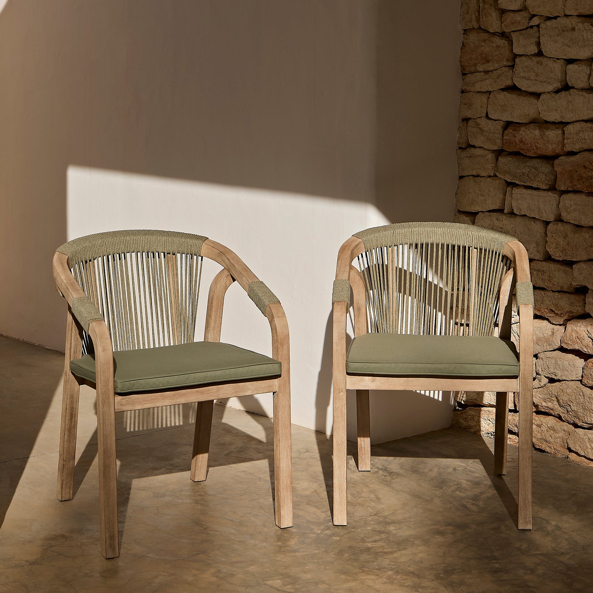 Shiro Brushed Light Acacia Garden Chairs - Set of 2 - Mottled Green Rope - Laura James 