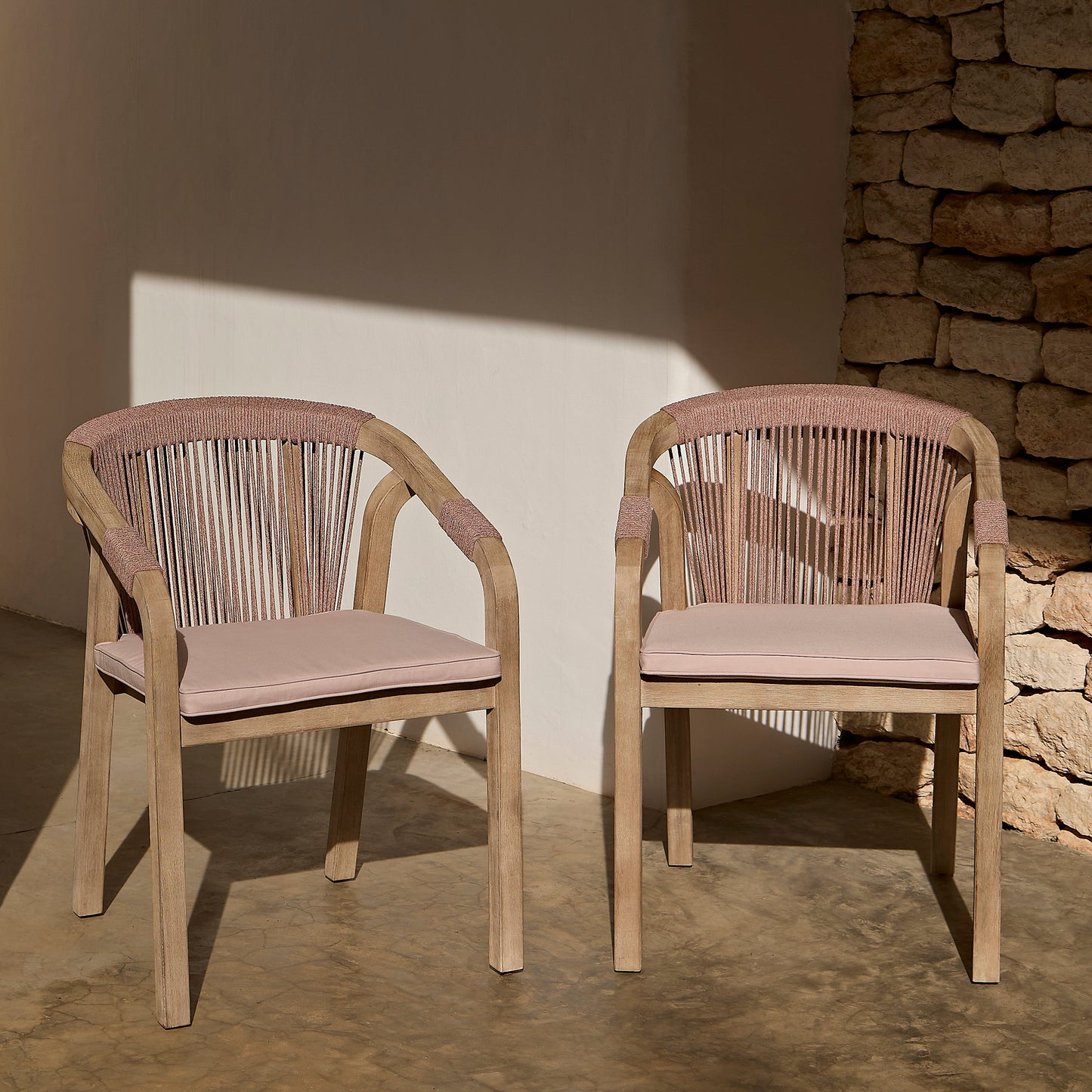 Shiro Brushed Light Acacia Garden Chairs - Set of 2 - Mottled Pink Rope - Laura James 