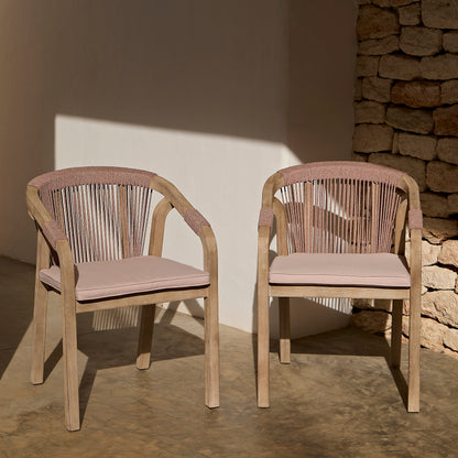 Shiro Brushed Light Acacia Garden Chairs - Set of 2 - Mottled Pink Rope - Laura James 