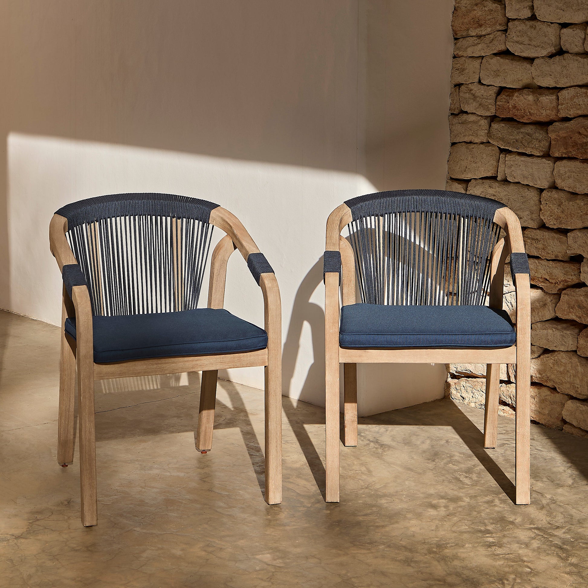 Shiro Brushed Light Acacia Garden Chairs - Set of 2 - Navy Rope - Laura James