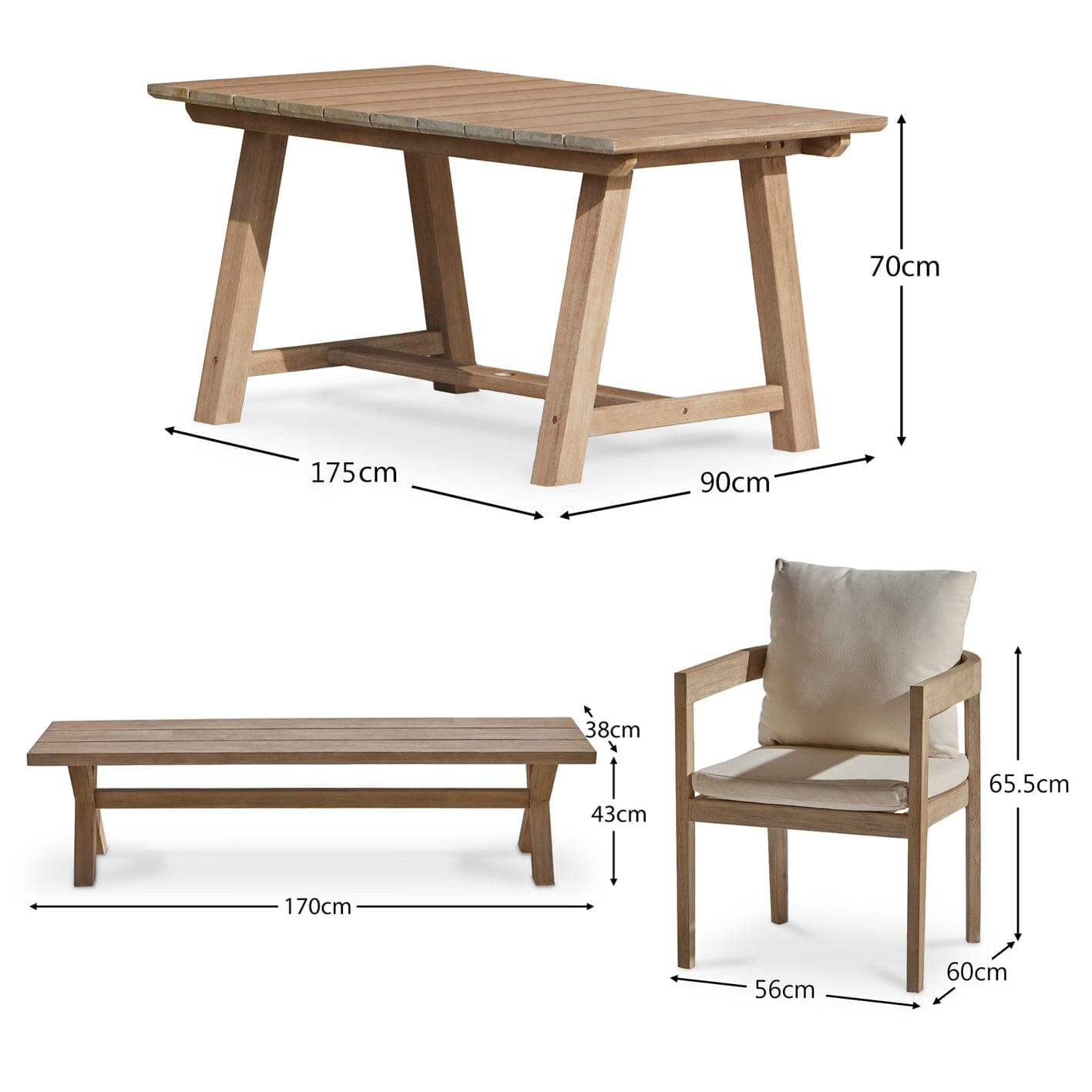 Shiro 6 Seater Wooden Garden Dining Set with 4 Imani Chairs & Charlotte Bench - Whitewash - Laura James 