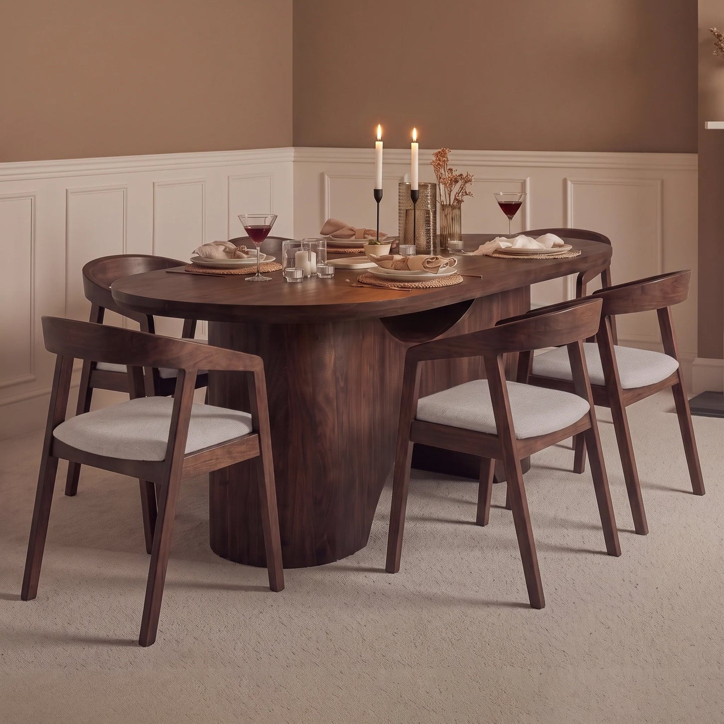 Octavia 220cm Coffee Brown Mango Wood Dining Table Set - 6 Seater - Ella Fawn Linen Dining Armchairs - Coffee Brown Legs - Laura James 