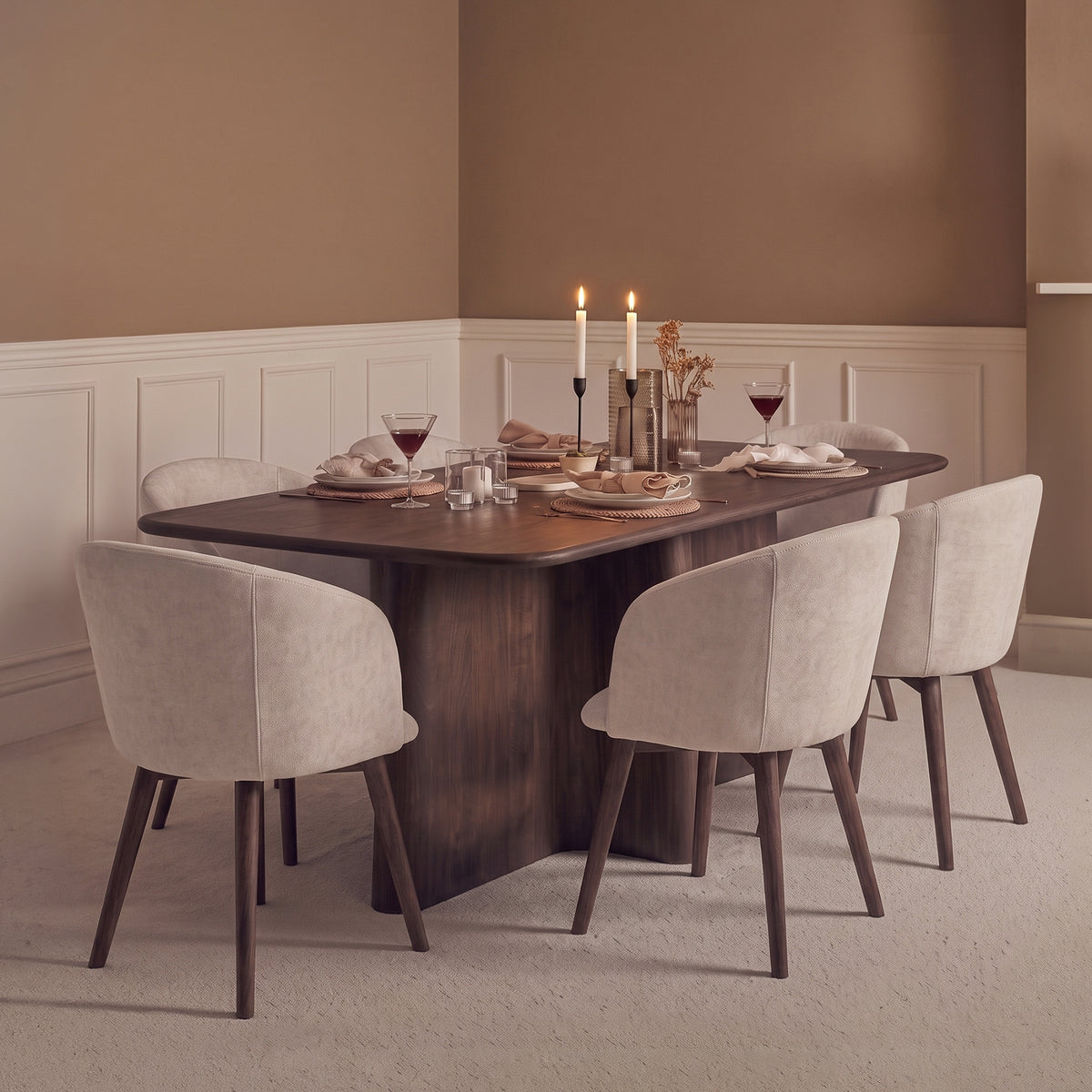 Bastian 220cm Coffee Brown Mango Wood Dining Table Set - 6 Seater -  Archer Soft Beige Dining Chairs - Coffee Brown Legs - Laura James 