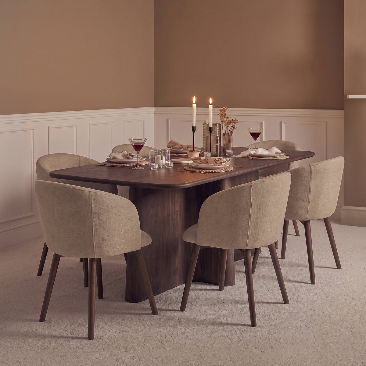 Bastian 220cm Coffee Brown Mango Wood Dining Table Set - 6 Seater -  Archer Natural Brown Dining Chairs - Coffee Brown Legs - Laura James 