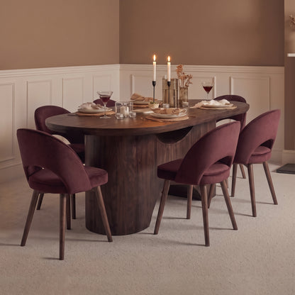 Octavia 220cm Coffee Brown Mango Wood Dining Table Set - 6 Seater - Marilyn Burgundy Red Dining Chairs - Coffee Brown Legs - Laura James 