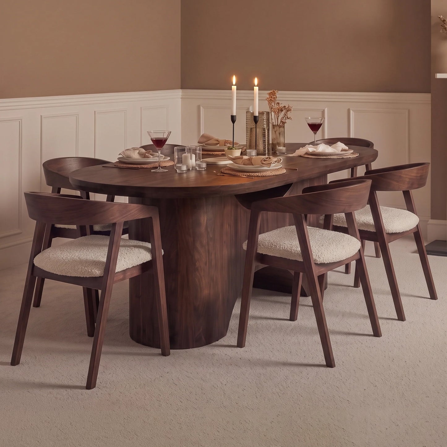 Octavia 220cm Coffee Brown Mango Wood Dining Table Set - 6 Seater - Ella Off White Boucle Carver Chairs - Coffee Brown Legs - Laura James 