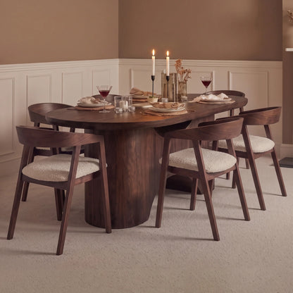 Octavia 220cm Coffee Brown Mango Wood Dining Table Set - 6 Seater - Ella Off White Boucle Carver Chairs - Coffee Brown Legs - Laura James 