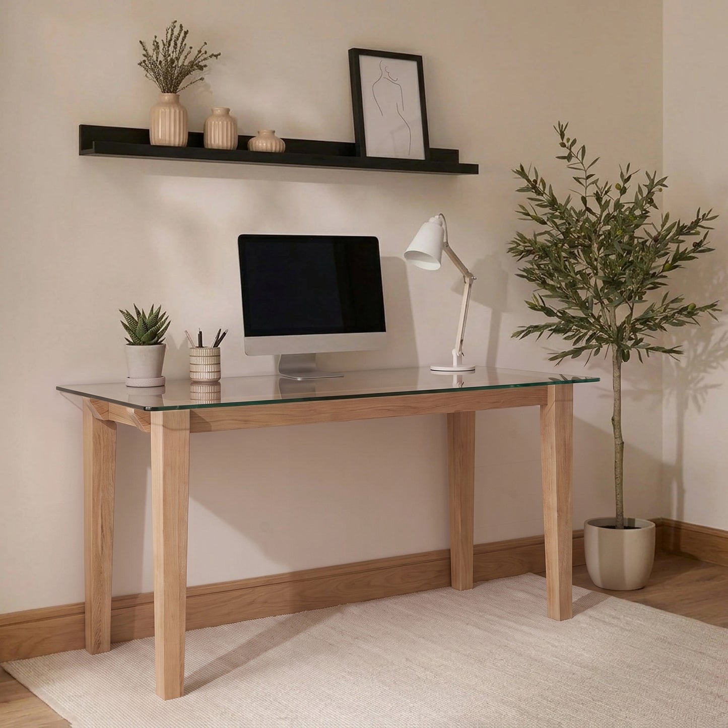 Lowell Whitewash Oak Desk - Clear Glass Top - Laura James 