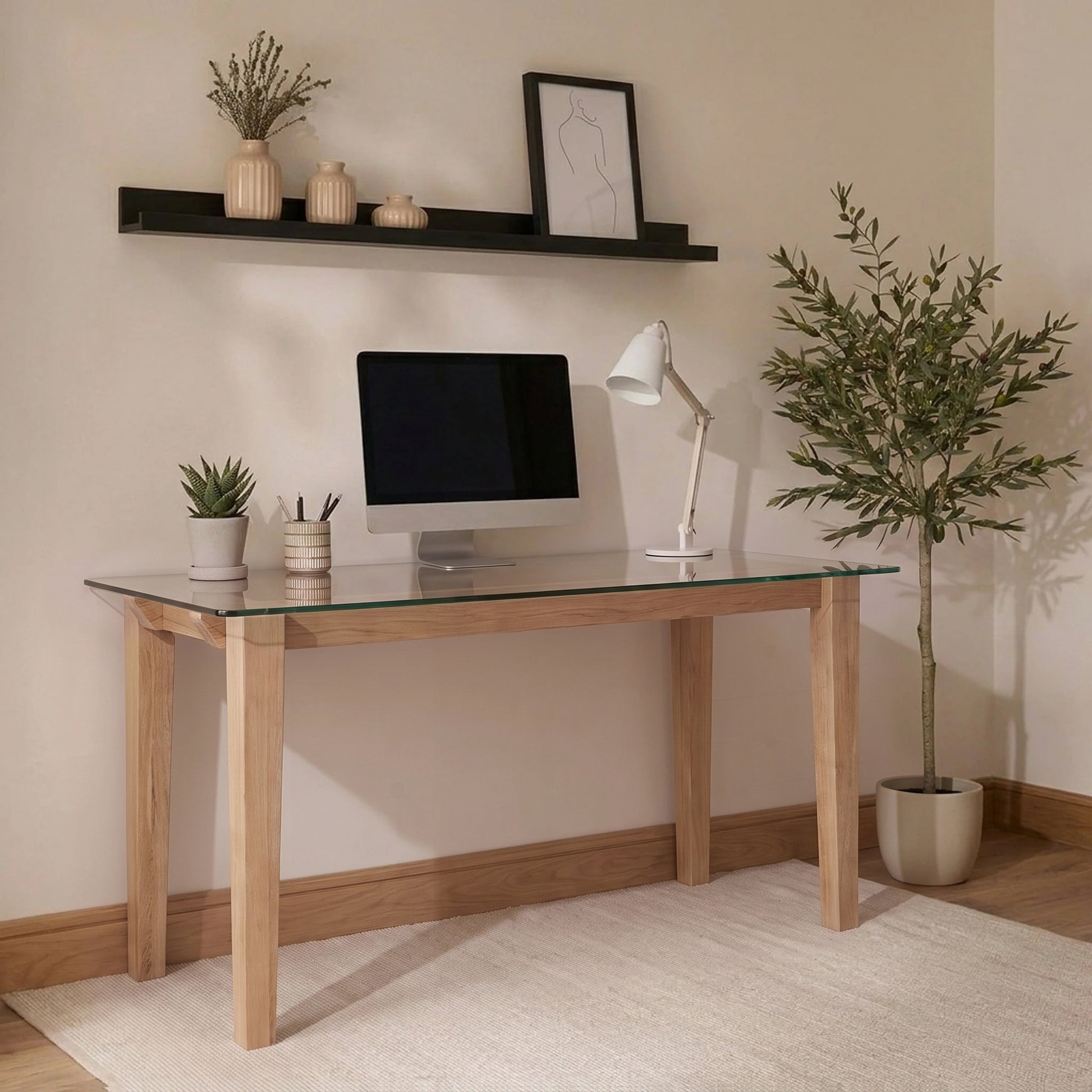 Lowell Whitewash Oak Desk - Clear Glass Top - Laura James 