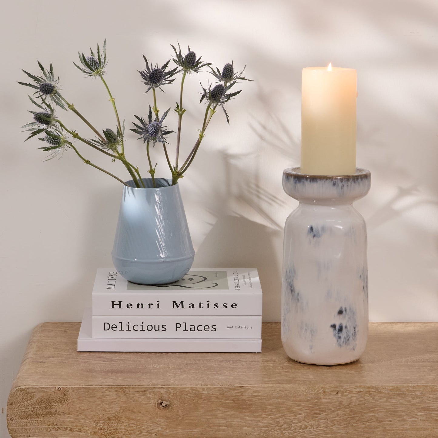 Sintra Ceramic 26.5cm Candle Holder - Cornflower Reactive Glaze - Laura James