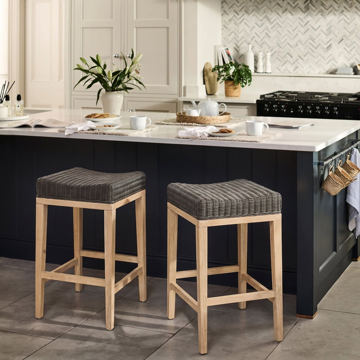 Reid Slate Grey Backless Bar Stools - Set of 2 - Whitewash Mindi Wood Legs - Laura James 