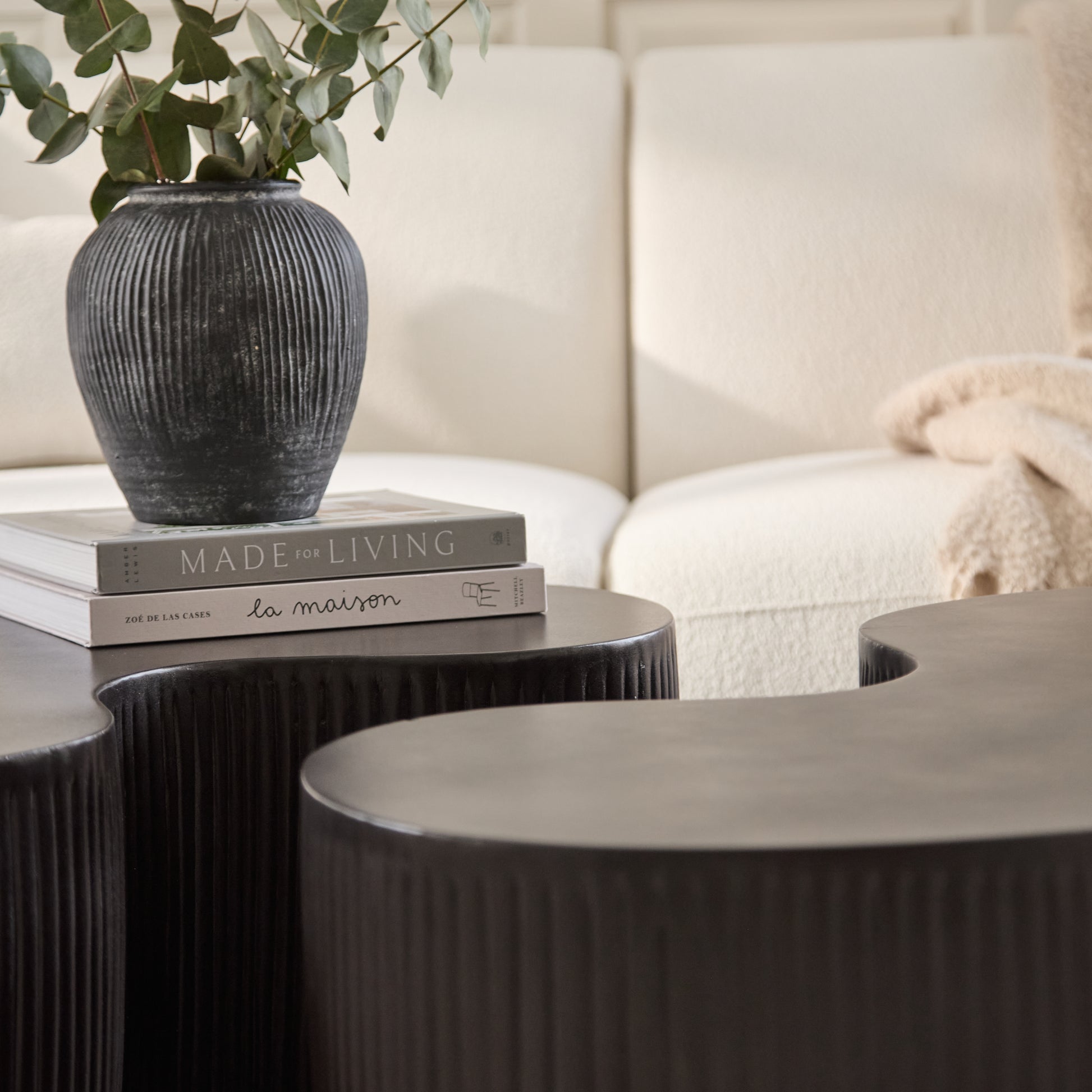 Sohan 84cm Kidney Concrete Coffee Table - Set of 2 - Lava Black - Laura James