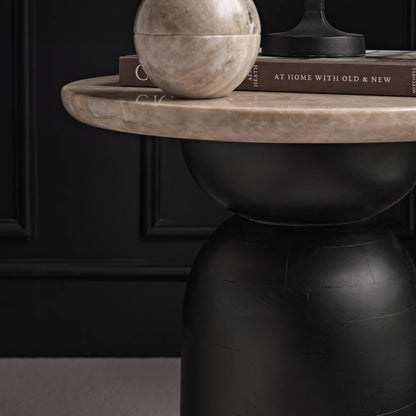 Sorrell 45cm Round Side Table - Jet Black Mango Wood & Lady Grey Marble