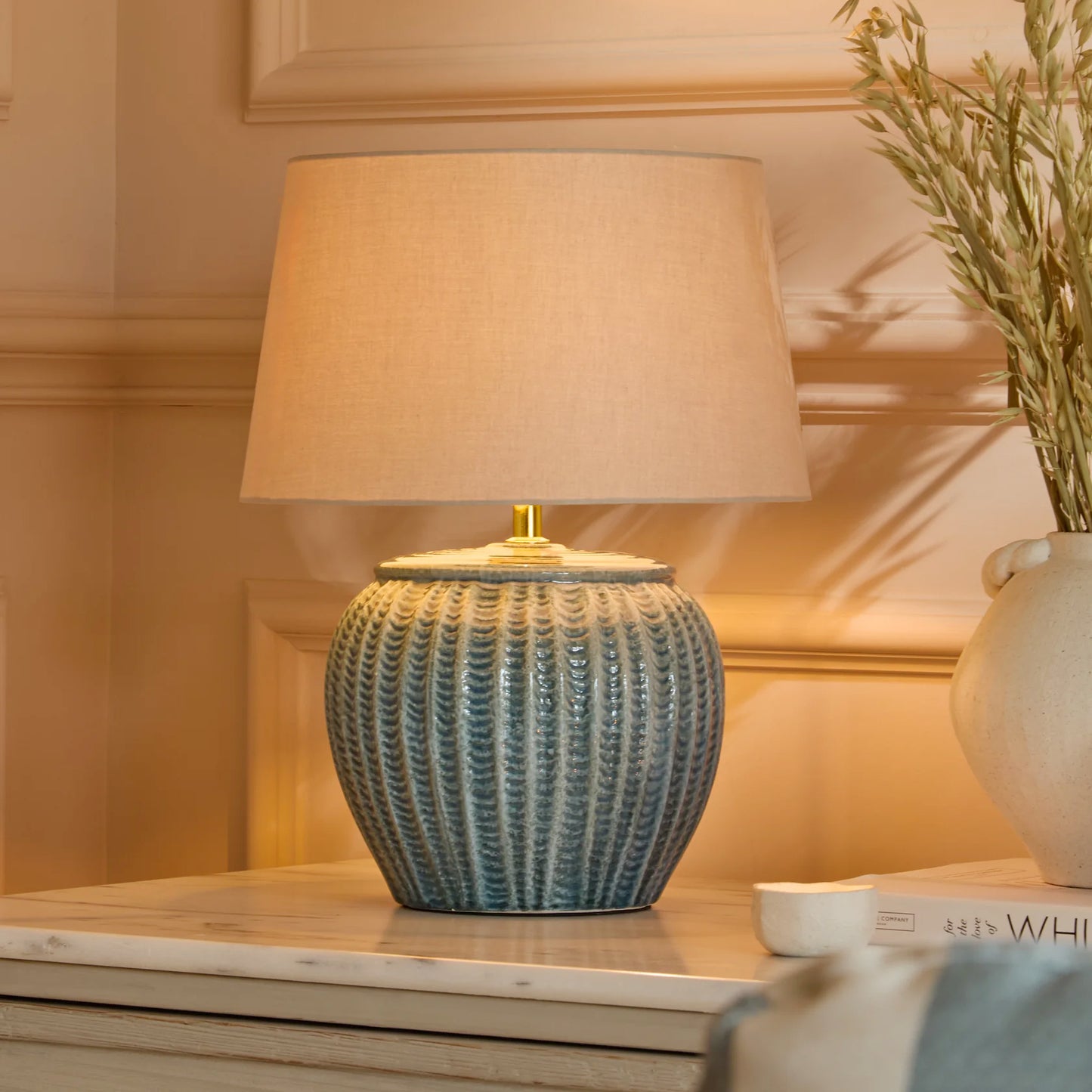 Elmer 27cm Teal Blue Ceramic Lamp Base & Coningsby Taupe Cotton Lampshade - 35cm - Laura James 