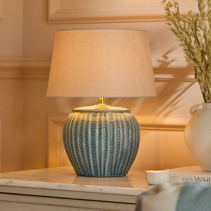 Elmer 27cm Teal Blue Ceramic Lamp Base & Coningsby Taupe Cotton Lampshade - 35cm - Laura James 