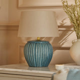 Elmer 27cm Teal Blue Ceramic Lamp Base & Coningsby Taupe Cotton Lampshade - 35cm - Laura James 