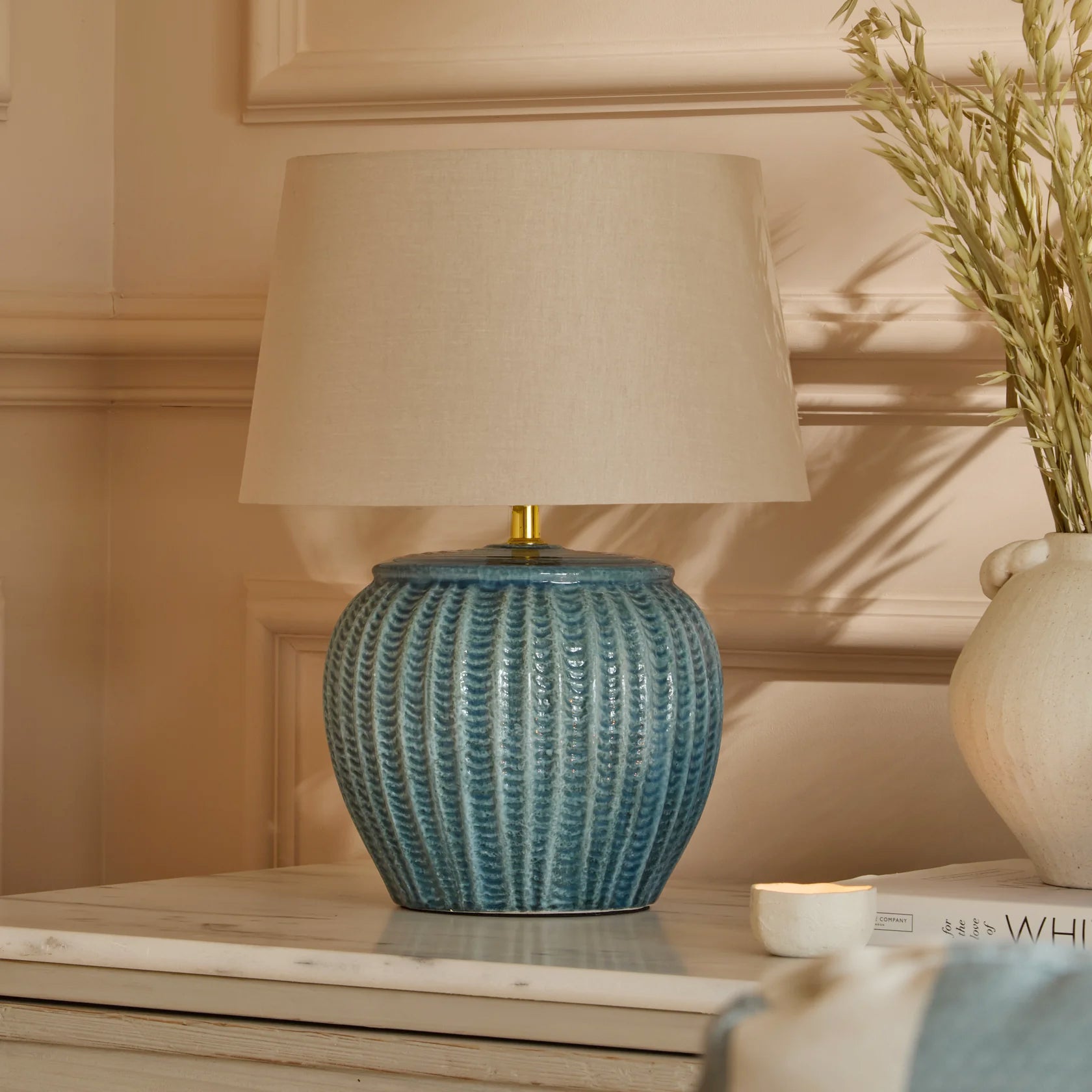 Elmer 27cm Teal Blue Ceramic Lamp Base & Coningsby Taupe Cotton Lampshade - 35cm - Laura James 