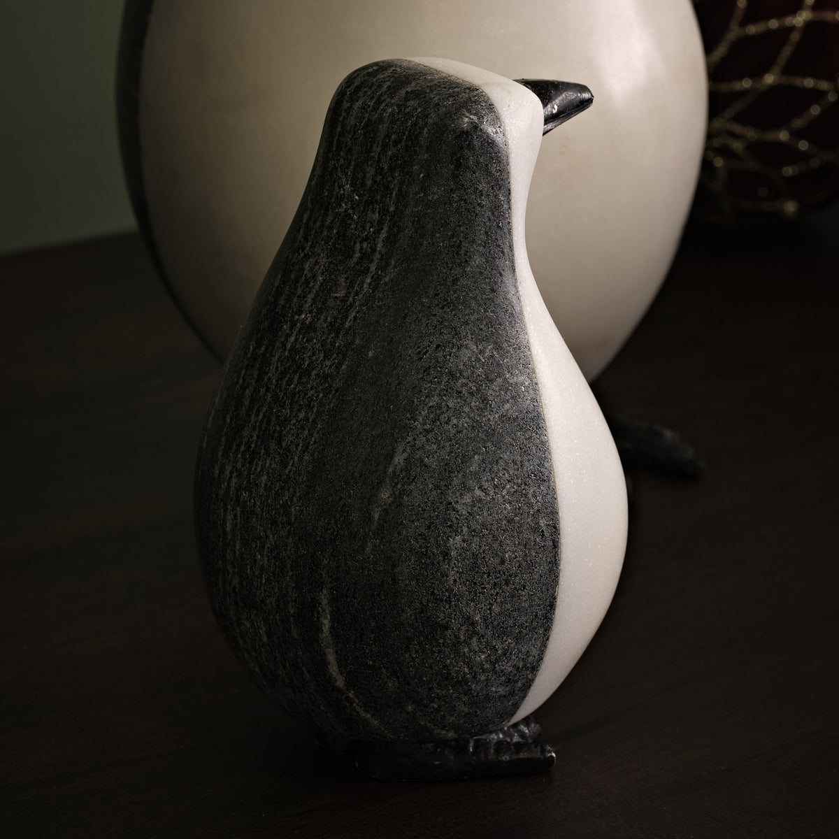Tiree 10cm Penguin Ornament - White Marble & Grey Marble - Laura James 